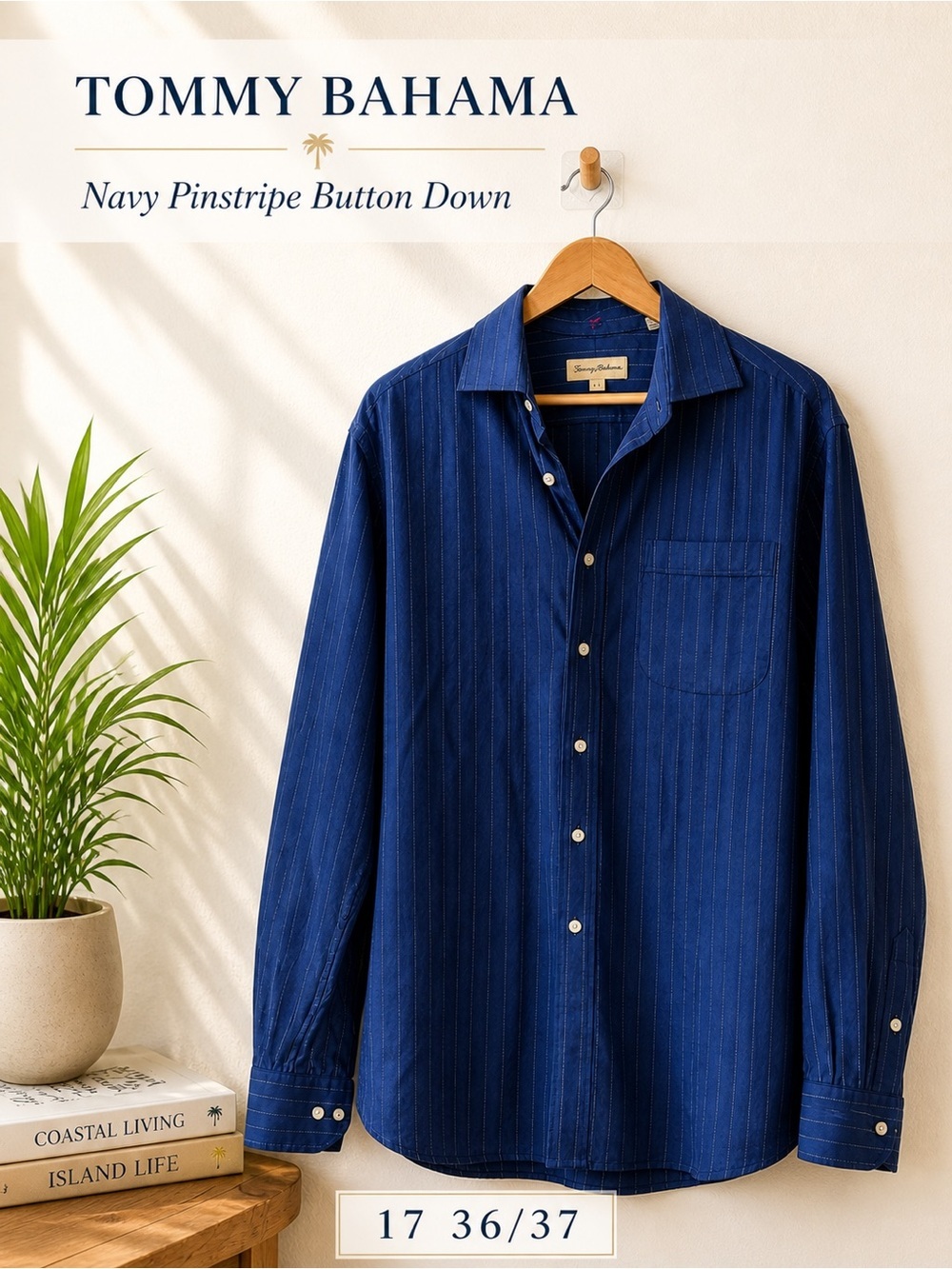 Tommy Bahama Navy Pinstripe Button Down Shirt Size 17 36/37